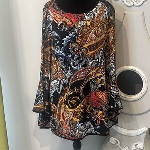 Coco Bianco Women’s Black Paisley Bell-Sleeve Boho Blouse. Large, EUC.
